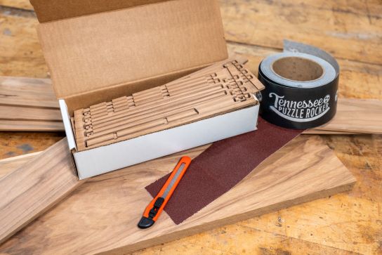 55-piece Tennessee hickory Puzzle Rocker kit contents laid out