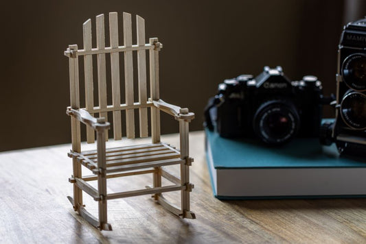 Miniature Puzzle Rocker on desk with antique camara - handcrafted Tennessee Hickory