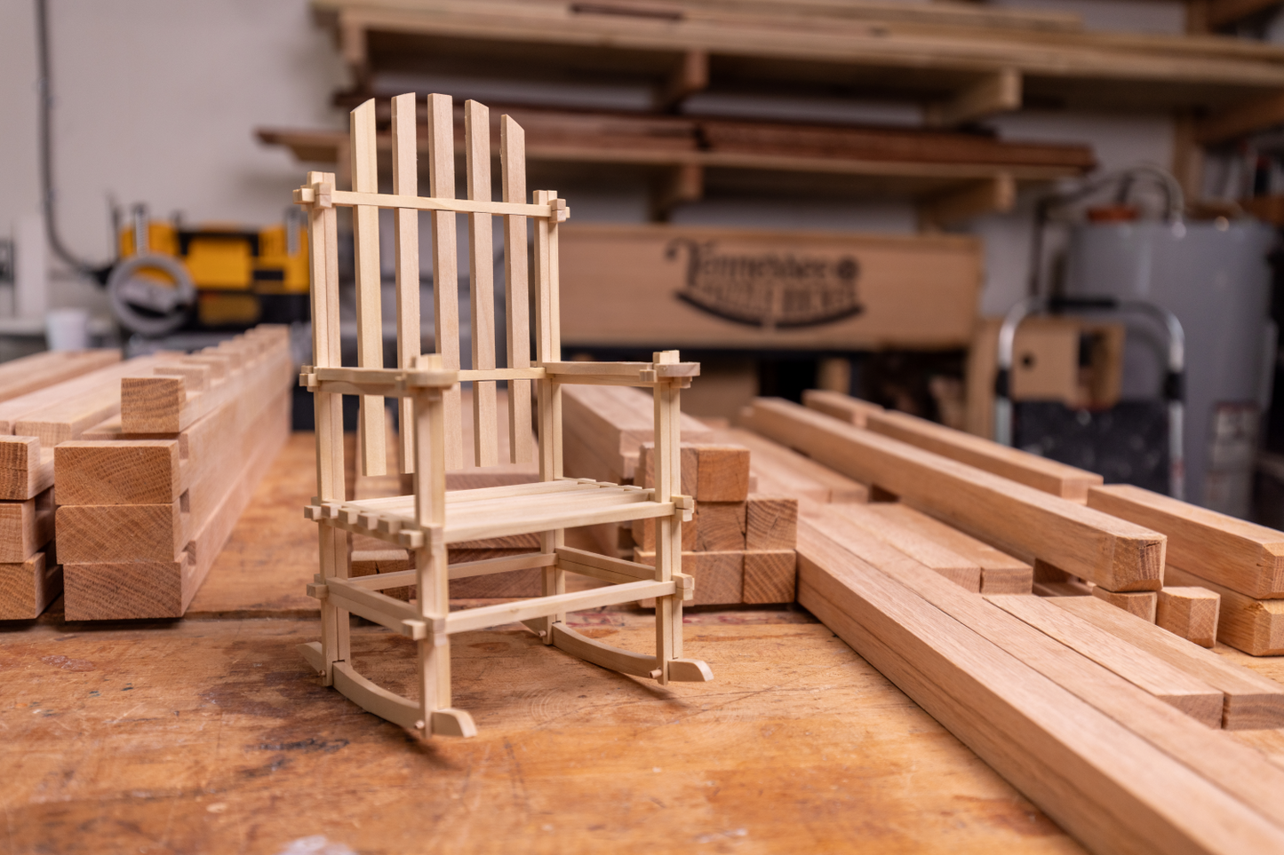 Miniature Puzzle Rocker on woodworking bench in Tennessee woodshop