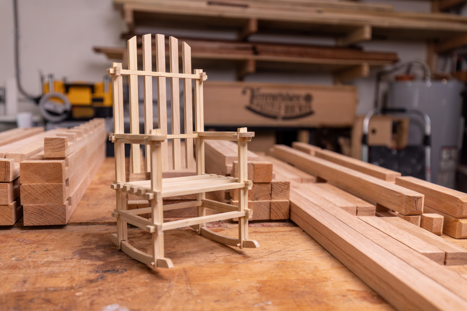 Miniature Puzzle Rocker on woodworking bench in Tennessee woodshop